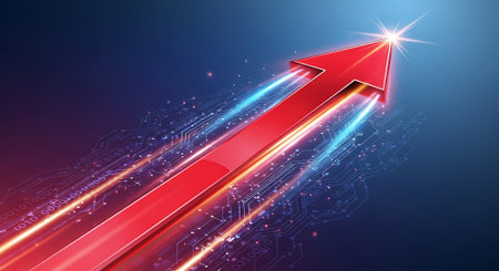 Arrow illustration showing business growth. Financial progress concept, upward trend, market direction, business strategy, blue background.の素材