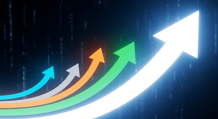 Arrows growing with digital technology background. Colorful arrow growth and success chart. Business and finance growth trend presentation background.の素材