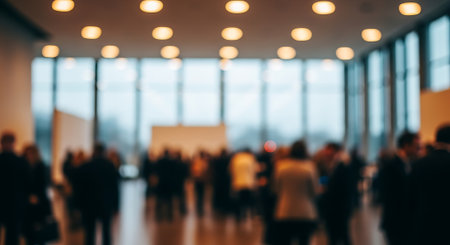 Blurred shot of business conference indoor. People networking at corporate convention. Abstract background view of people in a hall during presentation.の素材