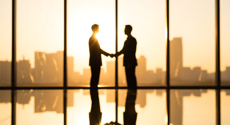 Business handshake silhouette against city background at sunset. Two businessmen shaking hands concluding deal. Business partnership. Corporate collaboration.の素材