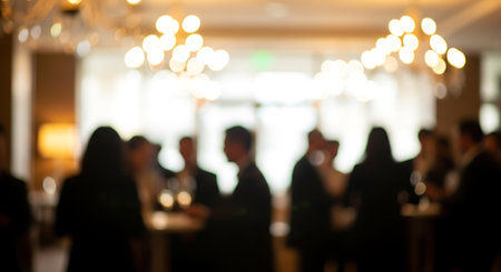 Silhouetted business people networking at conference with blurry background. Gathering of professional employees at corporate meeting. Business concept and backdrop.の素材