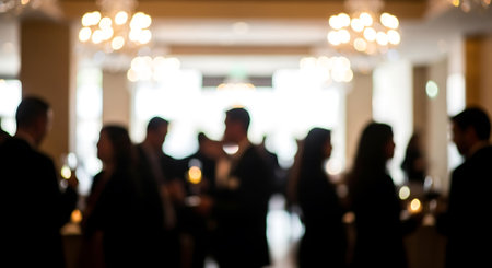 Blurred people at business event in indoor space. Gathering of professionals with chandeliers and elegant background. Unfocused anonymous corporate backdrop.の素材