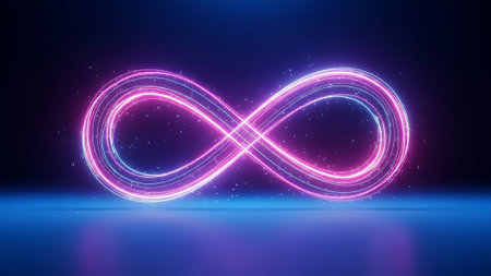 Experience abstract infinity sign on a dark background. Perfect for technology themes. Reflects never ending possibilities. Great for dark backgrounds.の素材