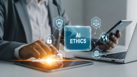 AI ethics and responsible artificial intelligence. Social implications and fair algorithms. Guidelines for computer science data and business decisions background. Tech law concept.の素材