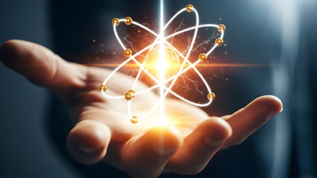 Abstract atom model with power energy in hand. Representing scientific power and creation, with a blurred dark background. Concept of nuclear.の素材