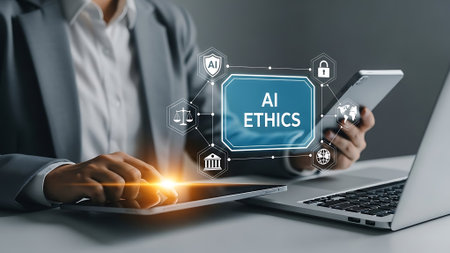 Ai ethics concept of corporate integrity and artificial intelligence regulations. Working with technology for worldwide government ethics regulations in background.の素材