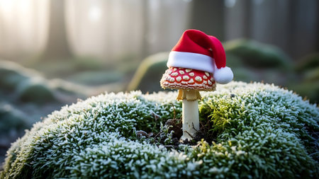 Small amanita mushroom donning tiny festive cap stands among frosty green moss. Whimsical winter nature scene in a cold forest environment during holiday season.の素材