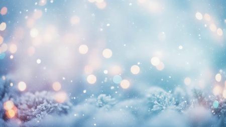 Abstract blue winter background with blurred lights, snow and bokeh. Cold color with bokeh, winter holiday season scene, and snowfall.の素材