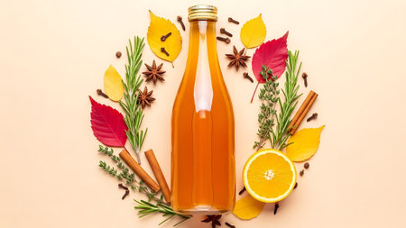 Autumn apple cider beverage featuring seasonal flavors. Contains cinnamon, clove, orange, and rosemary. Served in glass bottle, embodying fall harvest.の素材