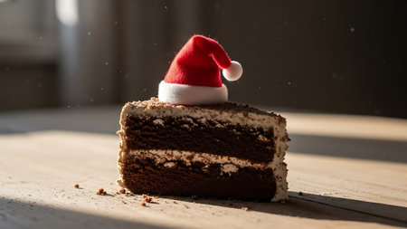 Rich dark chocolate cake dessert slice seasonal holiday treat decadent confection powdered sugar topping whipped cream filling festive celebration food.の素材