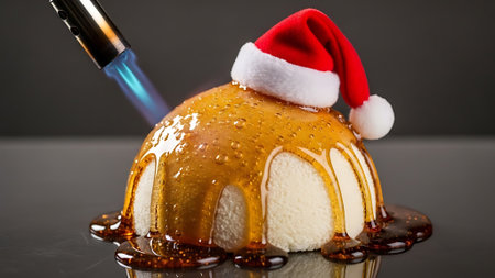 Creme brulee or ice cream dome melting under intense heat from chef torch. Thick caramel drips down sides. Luxurious holiday dessert preparation concept.の素材