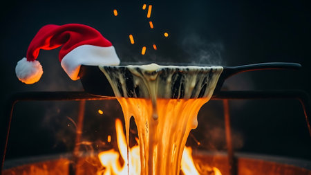 Cheese melting dramatically and dripping from hot cast iron skillet over intense open fire miniature santa hat resting on pan edge intense heat cookingの素材