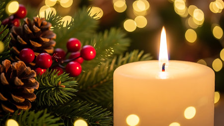 Christmas candle with decorative ornament. Evergreen pine branches and pinecones. Red holiday berries with blurred lights. Winter celebration with decorations.の素材