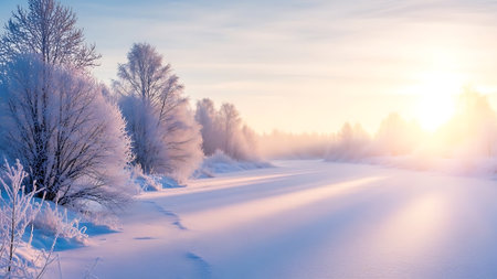 Frozen river or snow covered field glistens under bright sunlight during cold day idyllic winter scene with frost laden trees lining banks dramatic warm light casting long shadowsの素材