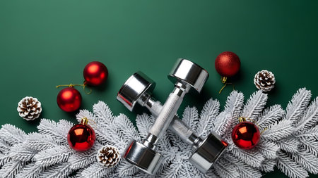 Festive fitness holiday background. Features dumbbells with red baubles and snowy branches. Perfect for new year resolution and winter workout.の素材