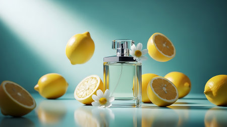 Elegant scent of summer perfume with lemons and daisies in aqua backdrop. Fashion and beauty concept with fragrance composition and citrus fruits.の素材
