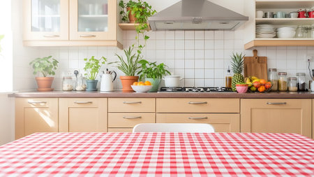 Bright and spacious kitchen with red checkered tablecloth on table. Ideal for advertising kitchenware and homeware. Perfect for cooking and culinary.の素材
