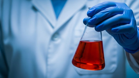 Hand wearing blue nitrile glove holding conical flask beaker filled with vibrant red liquid chemical solution lab experiment testing scientific research dark backgroundの素材