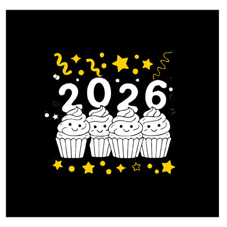 Happy New Year 2020 greeting card with cupcakes. Vector illustration.