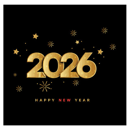 Happy New Year 2016 Text Design with Gold Stars and Snowflakes