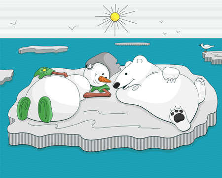 Snowman and bear tan on ice floe, drifting in the oceanのイラスト素材