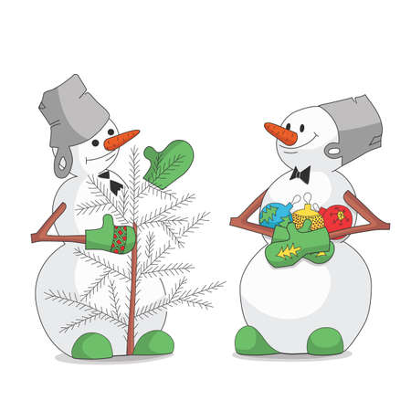 Snowmen decorating new year treeのイラスト素材