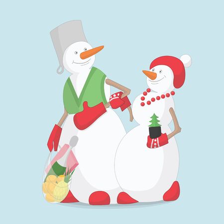 New year snowmen husband and wife with giftsのイラスト素材