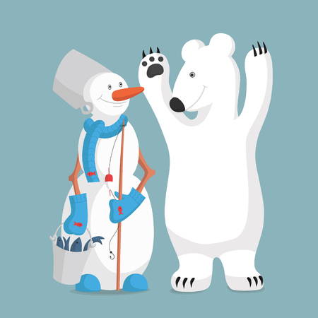 Snowman and a bear fishingのイラスト素材