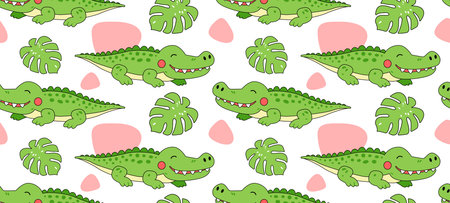Cute crocodile and monstera leaf  pattern with pink spots for nursery vectorのイラスト素材