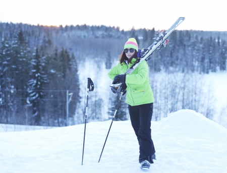 Athlete skier standing on the mountainの写真素材