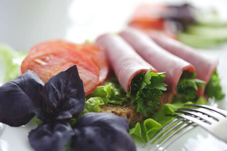Rolled beef with vegetables and greens on a soft backgroundの写真素材