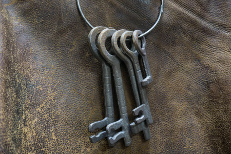 Antique Set of Keys on a Leather Backgroundの写真素材