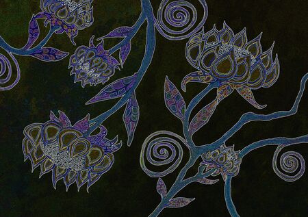 Watercolor Painting of a Floral Scene on a Black Backgroundの写真素材
