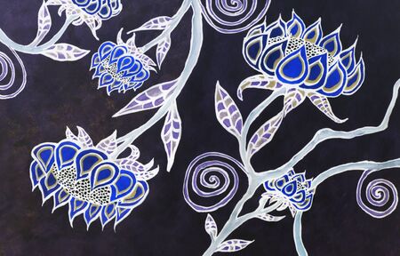 Watercolor Painting of Floral Patterns on a Black Backgroundの写真素材