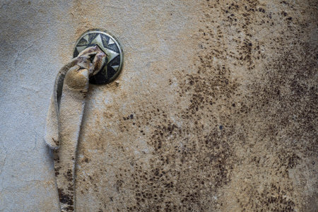 Detail of a Pair of Weathered Leather Chaps with Brass Buckle Detailの写真素材