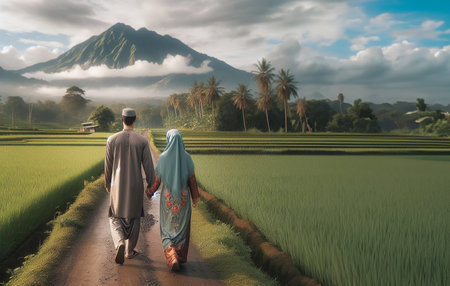 Man and woman walking in rice field in Bali, Indonesia.の写真素材