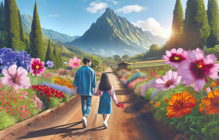 Couple walking on a dirt road among the flowers and mountains.の写真素材
