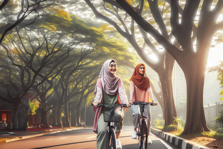 two muslim women riding a bicycle in the park with tree backgroundの写真素材