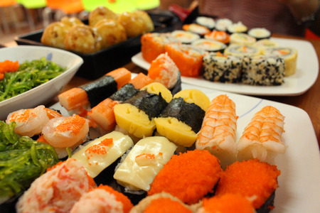 Traditional Japanese food on tableの写真素材