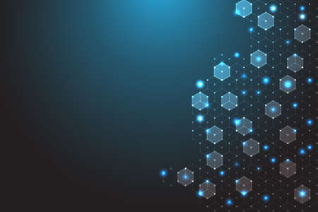 Hexagon abstract technology background. Data structure connection model. Blue abstract background with hex line and dot connection. Medical technology in dark blue background.の写真素材