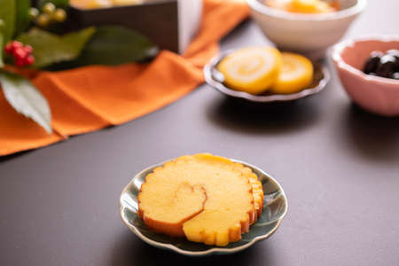 Close-up of Datemaki, a dish of Osechi cuisine celebrating New Year's Day