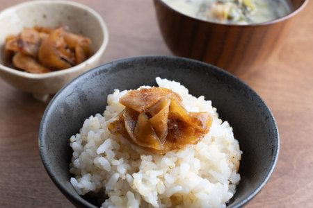 Cooked rice topped with Japanese pickles of ginger and dried bonito (also known as Katsuobushi) served with a bowl of miso soup, Japanese food style.の写真素材
