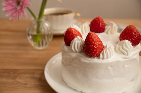 Strawberry cake on a white plate on a wooden table.の写真素材
