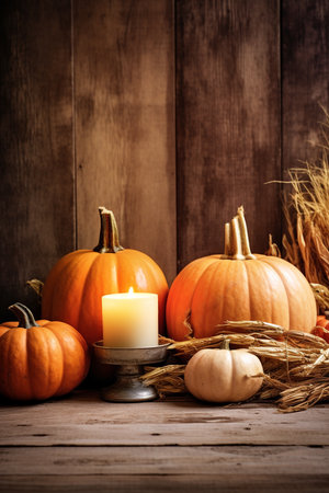 Halloween fall still life with pumpkins, candles and wheat on wooden backgroundの素材