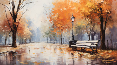 Autumn fall park with bench and lantern. Watercolor painting on canvas.の素材