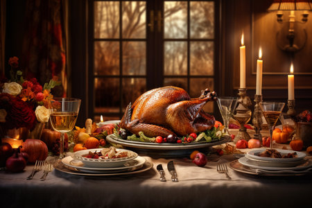 Thanksgiving dinner with roast turkey, served on a festive table.の素材