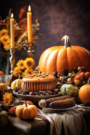 Pumpkin cake dessert with autumn decoration on dark background. Selective focus.の素材