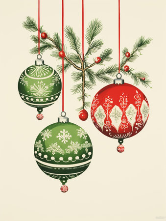 Christmas balls hanging on fir tree branch. Vector illustration in vintage style.の素材