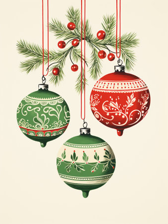 Vintage Christmas card with hanging baubles. Vector illustration.の素材