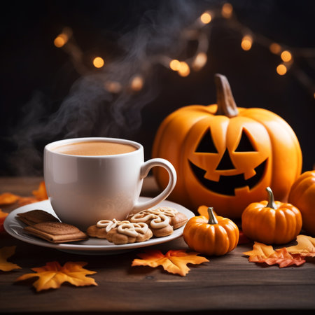 Cup of coffee with cookies and Halloween pumpkins on a wooden table.の素材
